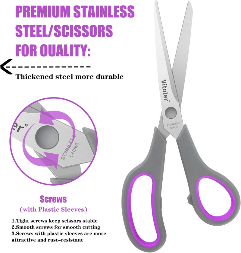VITOLER Scissors 8.5" Heavy Duty scissors all purpose Bulk Set of 3, Scissors for Office Home School Craft Supplies, Soft Comfort-Grip Right/Left Hand - Image 5